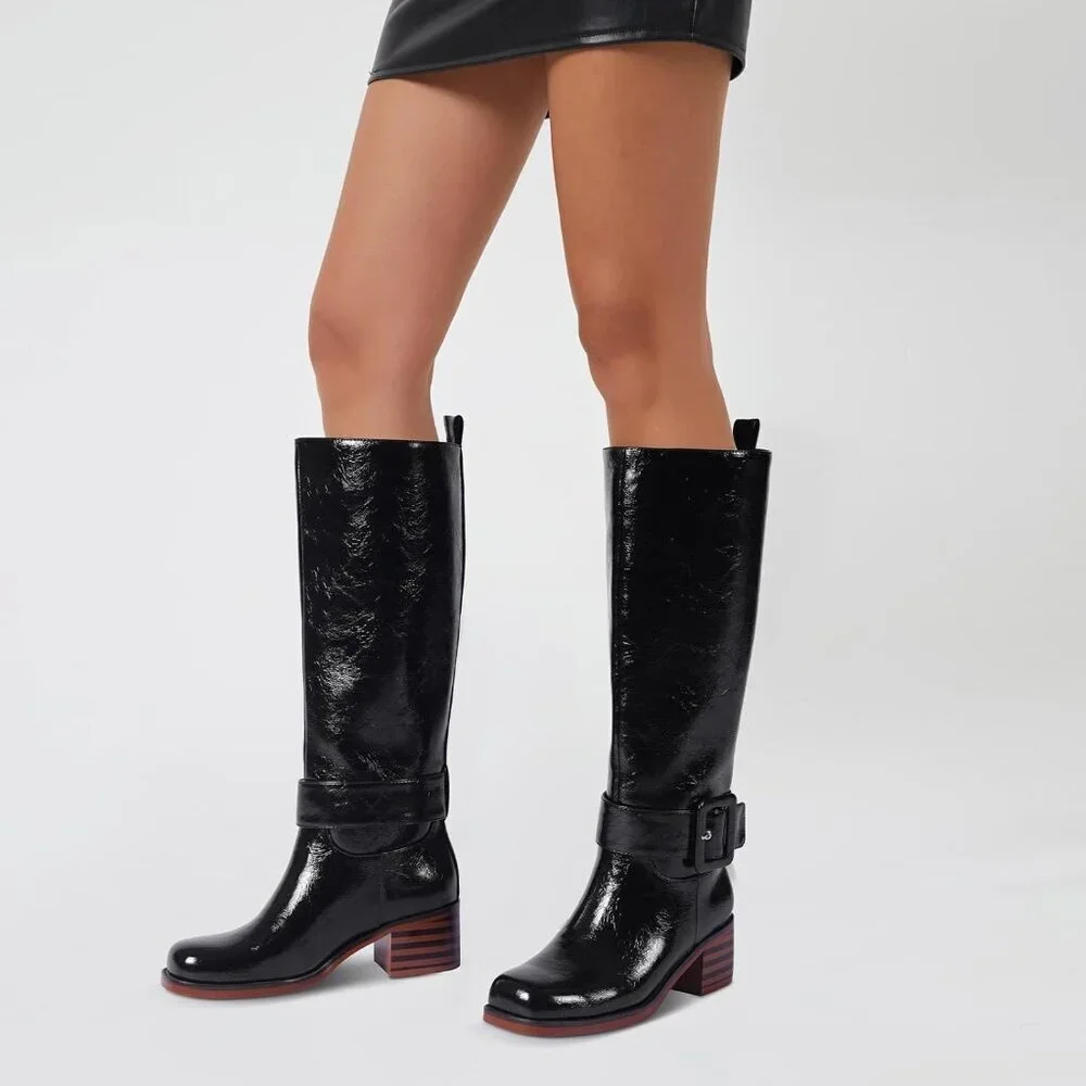 Women's B-black Round Toe Wide Calf Chunky Low Heel Pull Knee High Boots Rubber